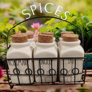 Rae Dunn 6 SPICE JARS and Black Wire CADDY